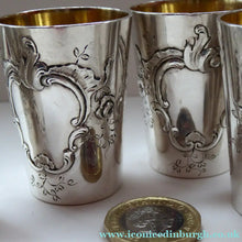 Load image into Gallery viewer, FIVE Antique Pretty RUSSIAN SILVER Vodka Tot Cups or Shot Beakers Rocaille Cartouche
