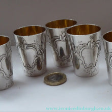 Load image into Gallery viewer, FIVE Antique Pretty RUSSIAN SILVER Vodka Tot Cups or Shot Beakers Rocaille Cartouche
