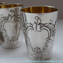 Load image into Gallery viewer, FIVE Antique Pretty RUSSIAN SILVER Vodka Tot Cups or Shot Beakers Rocaille Cartouche
