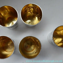 Load image into Gallery viewer, FIVE Antique Pretty RUSSIAN SILVER Vodka Tot Cups or Shot Beakers Rocaille Cartouche
