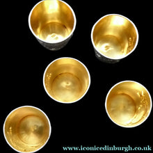 Load image into Gallery viewer, FIVE Antique Pretty RUSSIAN SILVER Vodka Tot Cups or Shot Beakers Rocaille Cartouche

