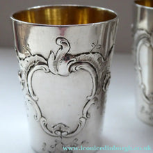 Load image into Gallery viewer, FIVE Antique Pretty RUSSIAN SILVER Vodka Tot Cups or Shot Beakers Rocaille Cartouche

