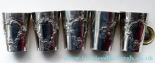 Load image into Gallery viewer, FIVE Antique Pretty RUSSIAN SILVER Vodka Tot Cups or Shot Beakers Rocaille Cartouche
