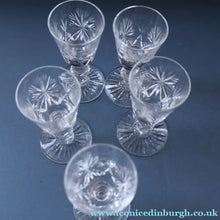 Load image into Gallery viewer, SET OF FIVE. Vintage 1960s Edinburgh Crystal CORDIAL OR LIQUEUR Glasses. Star of Edinburgh 4 inches
