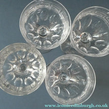 Load image into Gallery viewer, Set of FOUR Antique Cordial Glasses. Each with Etched Greek Key Pattern and Sliced Facets
