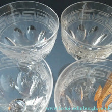 Load image into Gallery viewer, Set of FOUR Antique Cordial Glasses. Each with Etched Greek Key Pattern and Sliced Facets
