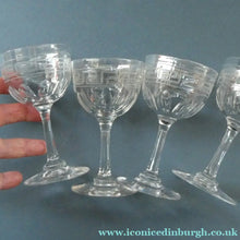 Load image into Gallery viewer, Set of FOUR Antique Cordial Glasses. Each with Etched Greek Key Pattern and Sliced Facets
