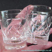 Load image into Gallery viewer, Set of FOUR Vintage TUDOR Crystal Whisky Glasses or Tumblers. Classic 1970s Brandon Pattern - VINTAGE CRYSTAL GLASSES
