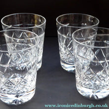 Load image into Gallery viewer, Set of FOUR Vintage TUDOR Crystal Whisky Glasses or Tumblers. Classic 1970s Brandon Pattern
