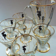 Load image into Gallery viewer, Set of SIX 1950s Cocktail Glasses Decorated with Seahorses. Plus Tall Glass Mixing Jug
