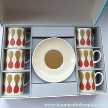 Load image into Gallery viewer, Set of Six 1960s Susie Cooper (Wedgwood). Rare DUMBELLS or Diablo Bone China Coffee Cans and Saucers. BOXED
