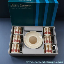 Load image into Gallery viewer, Set of Six 1960s Susie Cooper (Wedgwood). Rare DUMBELLS or Diablo Bone China Coffee Cans and Saucers. BOXED
