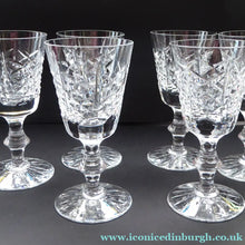 Load image into Gallery viewer, Set of Six EDINBURGH CRYSTAL Matching HIGHLAND Pattern 1950s Sherry or Liqueur Glasses. Each with Etched Signature: 4 1/2 inches
