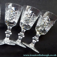 Load image into Gallery viewer, Set of Six EDINBURGH CRYSTAL Matching HIGHLAND Pattern 1950s Sherry or Liqueur Glasses. Each with Etched Signature: 4 1/2 inches
