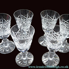Load image into Gallery viewer, Set of Six EDINBURGH CRYSTAL Matching HIGHLAND Pattern 1950s Sherry or Liqueur Glasses. Each with Etched Signature: 4 1/2 inches
