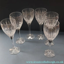 Load image into Gallery viewer, Set of Six: Vintage Edinburgh Crystal WHITE WINE Glasses. SYMPHONY PATTERN. 8 1/2 inches (CODE E)
