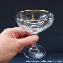 Load image into Gallery viewer, Set of SIX Vintage Matching 1970s BABYCHAM Coupe or Saucer Shape Glasses - with Brighter Yellow Bambi Motif
