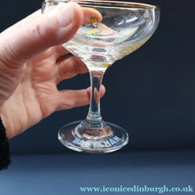 Load image into Gallery viewer, Set of SIX Vintage Matching 1970s BABYCHAM Coupe or Saucer Shape Glasses - with Brighter Yellow Bambi Motif
