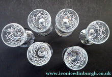 Load image into Gallery viewer, Set of Six Vintage WEBB CRYSTAL Tiny Liqueur Glasses. Matching Set of Six. Signed on the base - VINTAGE CRYSTAL GLASSES
