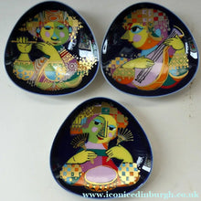 Load image into Gallery viewer, THREE Triangular Trinket Dishes by BJORN WIINBLAD for Rosenthal. Each with Musicians Decoration
