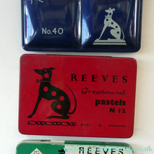 Load image into Gallery viewer, Set of THREE Vintage 1950s REEVES Art Material Tins. Each with Distinctive Greyhound Logo
