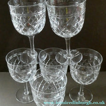 Load image into Gallery viewer, SEYMOUR Pattern. Vintage TUDOR Crystal Wine Glasses. SIX GLASSES. 5 7/8 inches in height
