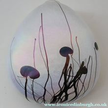 Load image into Gallery viewer, SIGNED John Ditchfield White Iridescent Glass Vase with Lily-pads &amp; Whiplash Trails. 7 Inches
