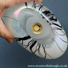Load image into Gallery viewer, SIGNED John Ditchfield White Iridescent Glass Vase with Lily-pads &amp; Whiplash Trails. 7 Inches
