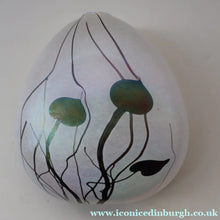 Load image into Gallery viewer, SIGNED John Ditchfield White Iridescent Glass Vase with Lily-pads &amp; Whiplash Trails. 7 Inches
