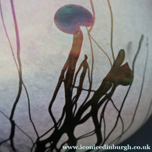 Load image into Gallery viewer, SIGNED John Ditchfield White Iridescent Glass Vase with Lily-pads &amp; Whiplash Trails. 7 Inches
