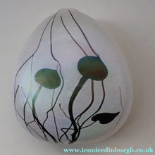 Load image into Gallery viewer, SIGNED John Ditchfield White Iridescent Glass Vase with Lily-pads &amp; Whiplash Trails. 7 Inches
