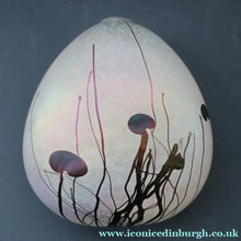 Load image into Gallery viewer, SIGNED John Ditchfield White Iridescent Glass Vase with Lily-pads &amp; Whiplash Trails. 7 Inches
