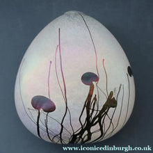 Load image into Gallery viewer, SIGNED John Ditchfield White Iridescent Glass Vase with Lily-pads &amp; Whiplash Trails. 7 Inches
