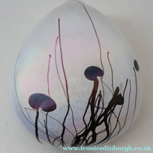 Load image into Gallery viewer, SIGNED John Ditchfield White Iridescent Glass Vase with Lily-pads &amp; Whiplash Trails. 7 Inches
