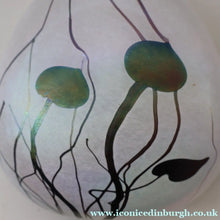 Load image into Gallery viewer, SIGNED John Ditchfield White Iridescent Glass Vase with Lily-pads &amp; Whiplash Trails. 7 Inches - British Glass
