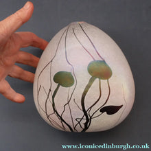 Load image into Gallery viewer, SIGNED John Ditchfield White Iridescent Glass Vase with Lily-pads &amp; Whiplash Trails. 7 Inches
