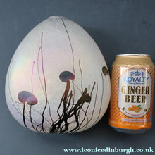 Load image into Gallery viewer, SIGNED John Ditchfield White Iridescent Glass Vase with Lily-pads &amp; Whiplash Trails. 7 Inches

