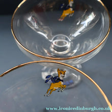 Load image into Gallery viewer, Set of SIX Vintage Matching 1970s BABYCHAM Coupe or Saucer Shape Glasses - with Brighter Yellow Bambi Motif
