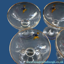 Load image into Gallery viewer, Set of SIX Vintage Matching 1970s BABYCHAM Coupe or Saucer Shape Glasses - with Brighter Yellow Bambi Motif
