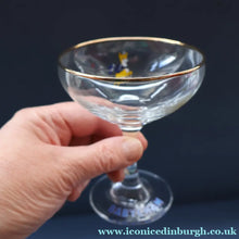 Load image into Gallery viewer, Set of SIX Vintage Matching 1970s BABYCHAM Coupe or Saucer Shape Glasses - with Brighter Yellow Bambi Motif

