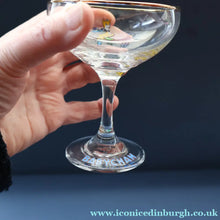 Load image into Gallery viewer, Set of SIX Vintage Matching 1970s BABYCHAM Coupe or Saucer Shape Glasses - with Brighter Yellow Bambi Motif
