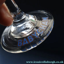 Load image into Gallery viewer, Set of SIX Vintage Matching 1970s BABYCHAM Coupe or Saucer Shape Glasses - with Brighter Yellow Bambi Motif
