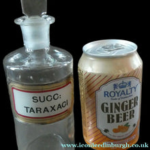 Load image into Gallery viewer, Small Antique Clear Glass Chemist Bottle. SUCC: TARAXACI with Original Foil Label and Lozenge Stopper

