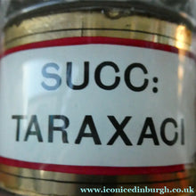 Load image into Gallery viewer, Small Antique Clear Glass Chemist Bottle. SUCC: TARAXACI with Original Foil Label and Lozenge Stopper
