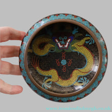 Load image into Gallery viewer, SMALLER Antique Chinese Cloisonne Shallow Bowl with Five-Toed Dragon and Flaming Pearl. 5 1/2 inches

