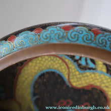 Load image into Gallery viewer, SMALLER Antique Chinese Cloisonne Shallow Bowl with Five-Toed Dragon and Flaming Pearl. 5 1/2 inches
