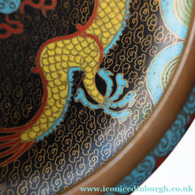 Load image into Gallery viewer, SMALLER Antique Chinese Cloisonne Shallow Bowl with Five-Toed Dragon and Flaming Pearl. 5 1/2 inches
