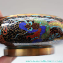 Load image into Gallery viewer, SMALLER Antique Chinese Cloisonne Shallow Bowl with Five-Toed Dragon and Flaming Pearl. 5 1/2 inches
