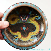 Load image into Gallery viewer, SMALLER Antique Chinese Cloisonne Shallow Bowl with Five-Toed Dragon and Flaming Pearl. 5 1/2 inches
