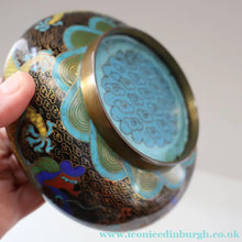 Load image into Gallery viewer, SMALLER Antique Chinese Cloisonne Shallow Bowl with Five-Toed Dragon and Flaming Pearl. 5 1/2 inches
